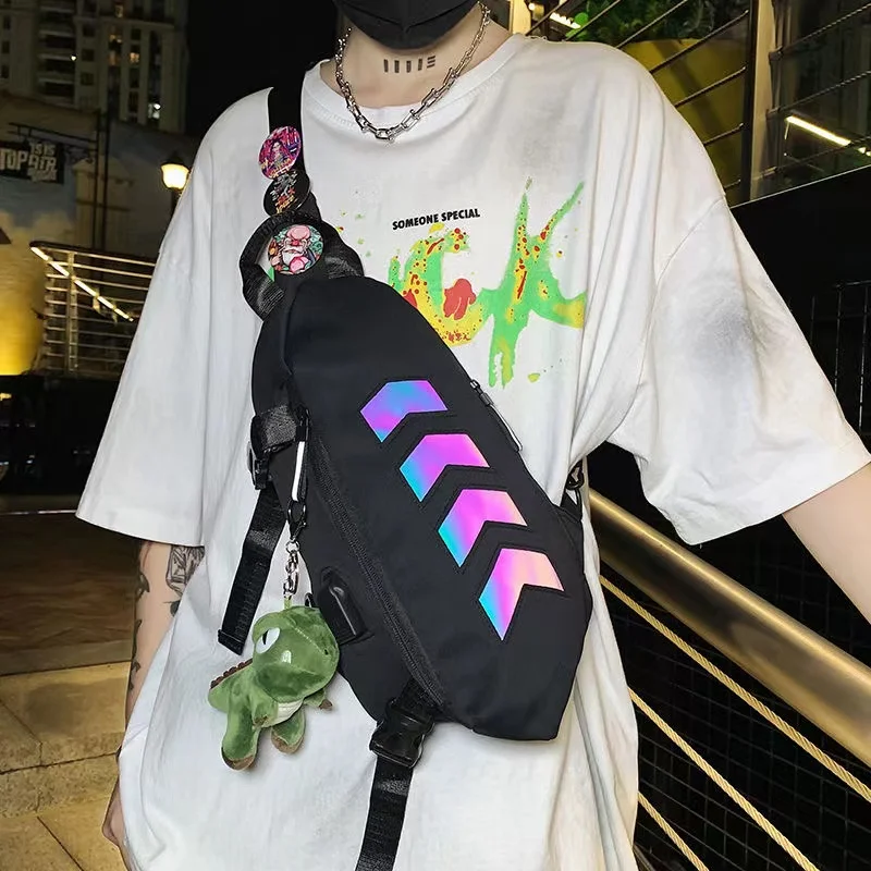 Unisex Reflective Strip Sling Backpack Girls Fashion White Cross Body Purse Mens Black One Shoulder Back Pack Chest Bag for Boys