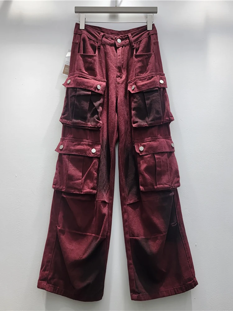 Женские джинсовые брюки-карго DEAT прямые красные брюки с высокой талией и