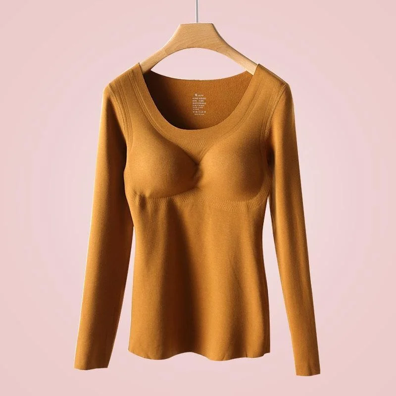 Dralon Thermal Underwear Women's Fleece Thickened Backing Shirt Solid Color Without Traces With Chest Cushion Winter