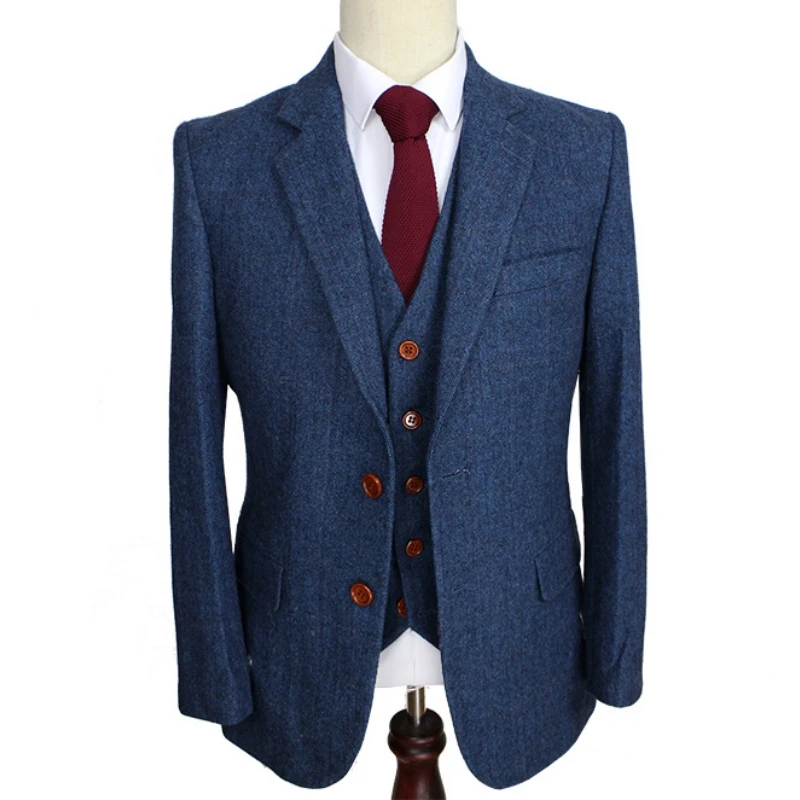 

Lansboter Blue Herringbone Retro Gentleman Classic Style Custom Made Men Suits Tailor Blazer Suits For 3 Piece Jacket Pants Vest