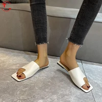 woman slippers clip toe flat solid square head casual females sandals sewing pu 2021 new comfortable summer size 34 43 pu
