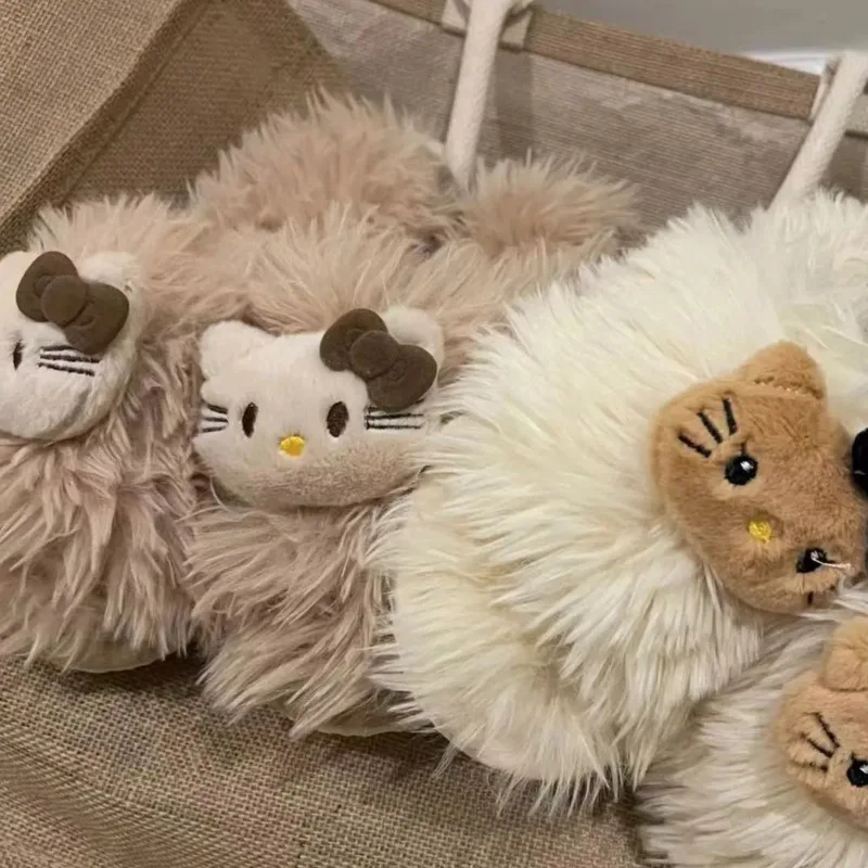 Новые корейские милые пушистые тапочки Hello Kitty с высокой красивой плоской