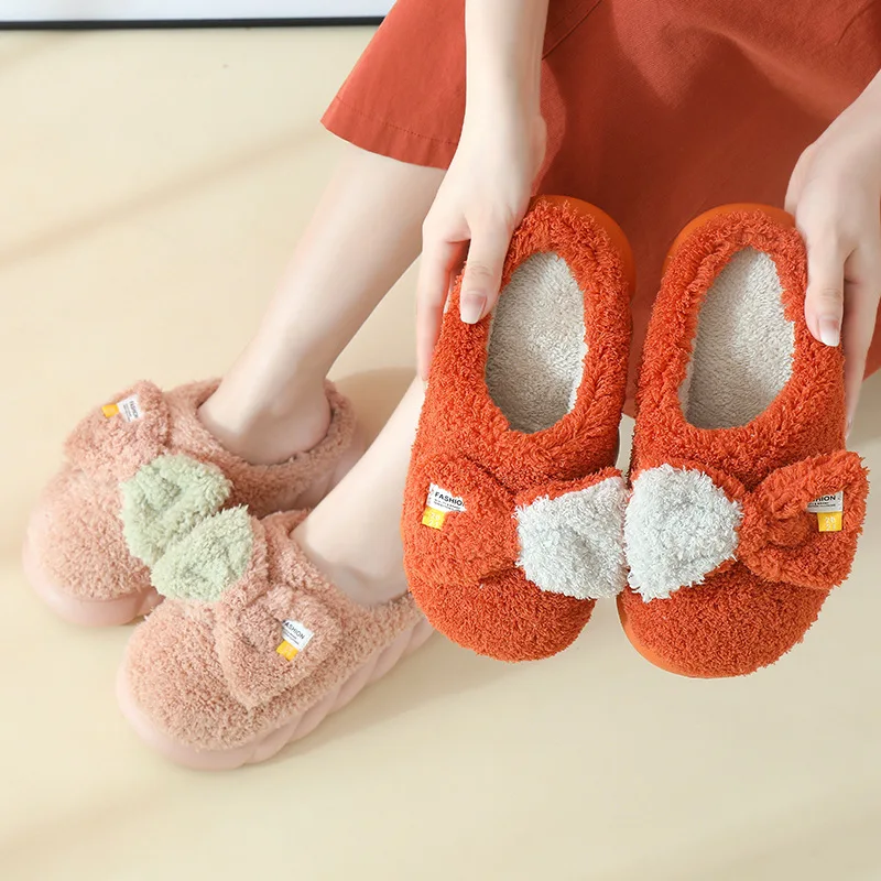 

Women Winter Warm Slippers Cute Bowknot Fluffy Fur Thickne Bedroom Plush Shoes Pantuflas House Zapatillas Mujer Chaussure Femme