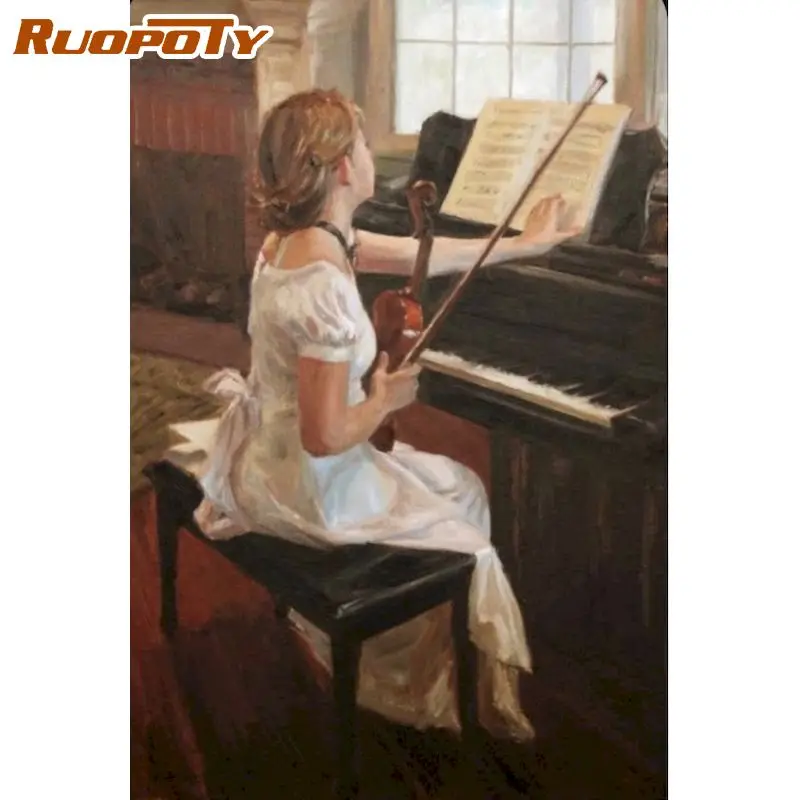 

RUOPOTY Paint By Number girl playing piano Drawing On Canvas Hand Painted Painting DIY Pictures By Numbers Figure Kits Home Deco
