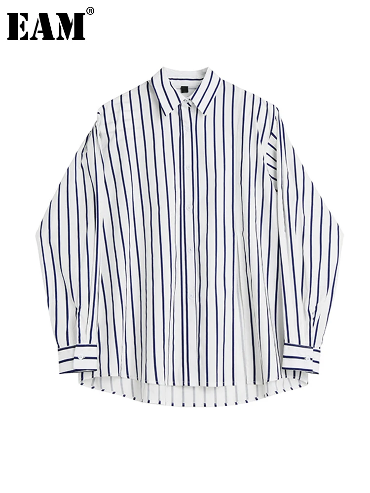 

[EAM] Women White Striped Casual Big Size Blouse New Lapel Long Sleeve Loose Fit Shirt Fashion Tide Spring Autumn 2022 1DE7427