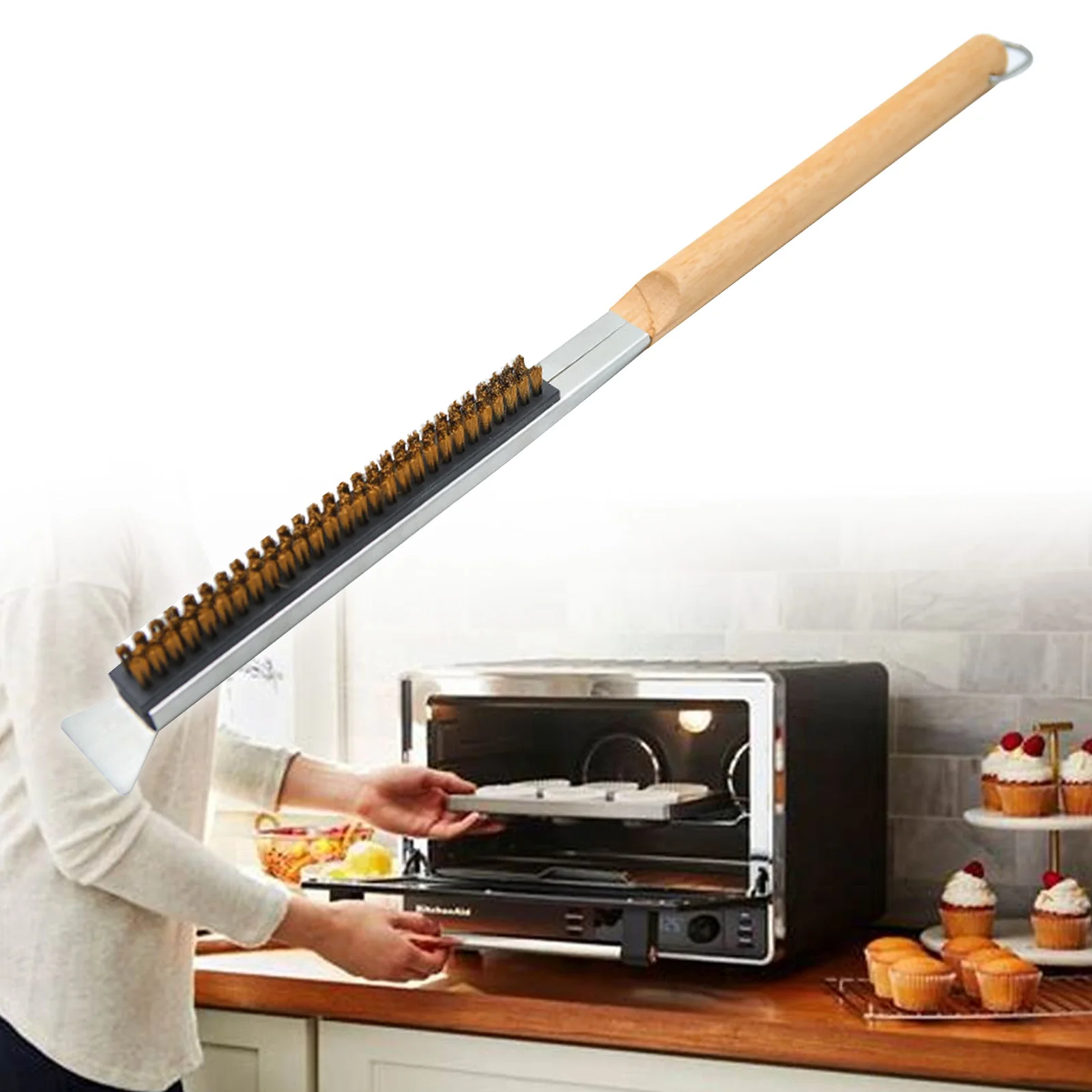 Pizza Stone Cleaning Brush Long Handle with Metal Scraper BBQ Oven Grill Brush for Pizza Oven Cooking BBQ Restaurant Baking