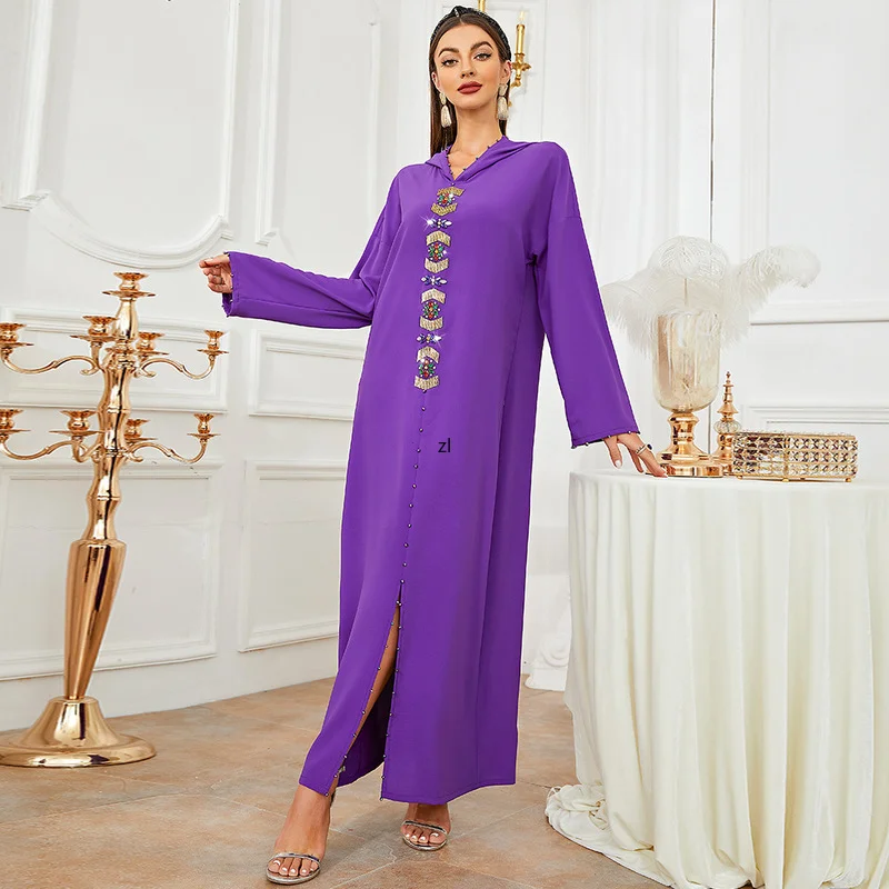 Women's Robe Tibetan Blue Handmade Diamond Hooded Dress Muslim Maxi Dress 2022 New Kaftan Abayas Djellaba Moroccan Vestidos