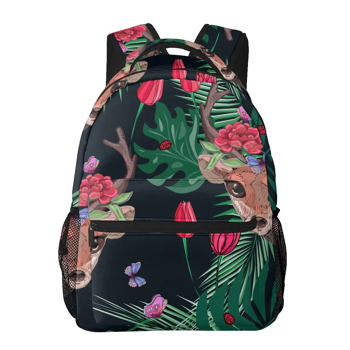 

Women Backpack Deer Butterflies And Flowers On Tropical Leaves Fashion Bag for Women Men School Bag Bookbag Mochila