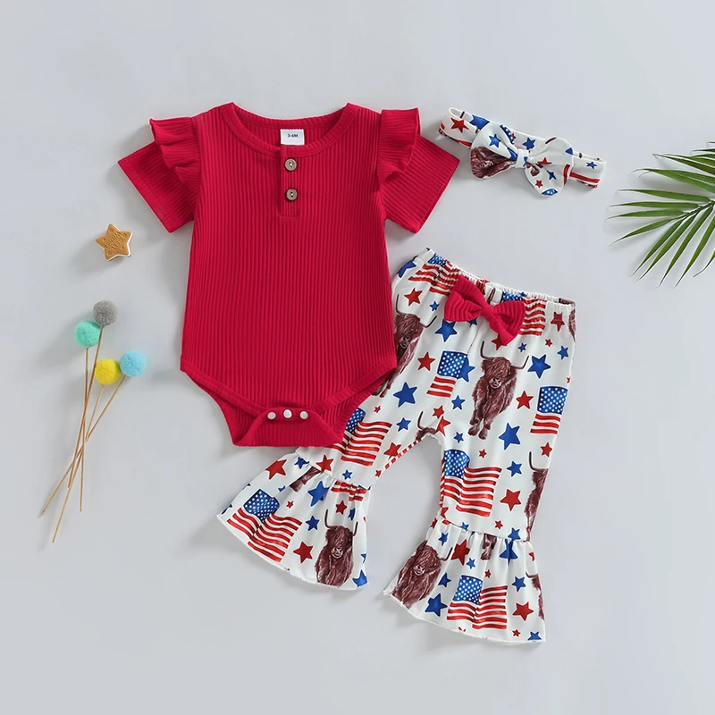 

0-18M Baby Girls Clothes Set Summer Infant Newborn Red Short Sleeve Romper Tops Long Pants with Headband 2023 New Babe Clothing