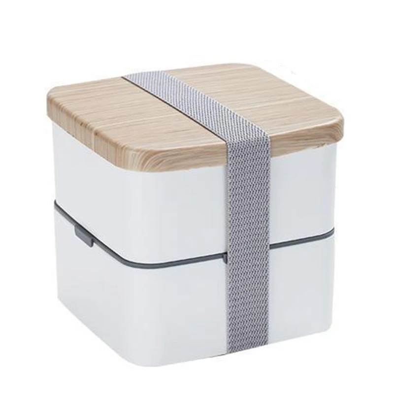 

Japanese-Style Double-Layer Strapped Bento Box Wood Grain Square Lunch Box Large Capacity Can Be Microwaved