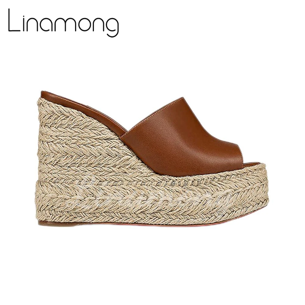 Solid Color Leather Espadrilles Slippers Peep Toe Slip On Summer Shoes for Women Black Brown Leather Concise Platform Sandals