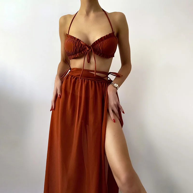 

3 Pieces Solid Pleated Low Waist Bikini Set Cover Up Swimsuit For Women Push Up Swimwear 2022 Beach Bathing Suits Bikinis Mujer