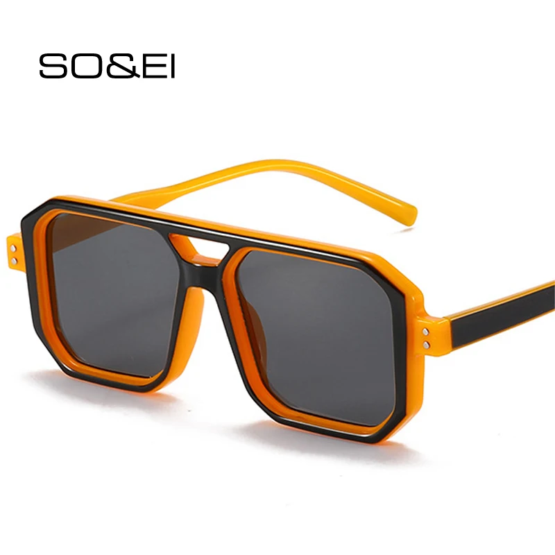 

SO&EI Retro Double Bridges Square Sunglasses Women Fashion Gradient Shades UV400 Men Vintage Punk Polygon Rivets Sun Glasses