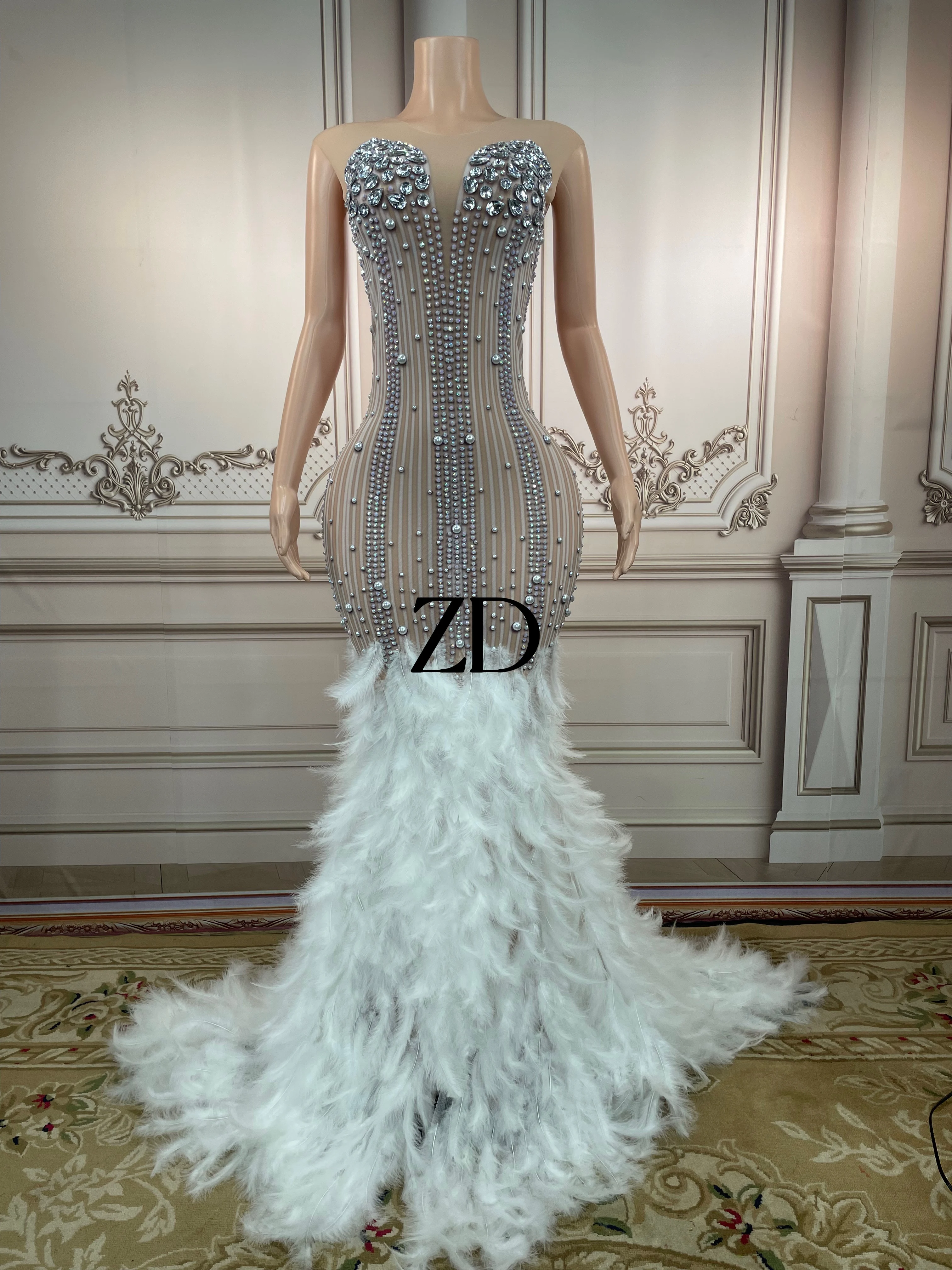 Sexy Stage Sparkly Rhinestones Mesh Feather Dress Prom Gown Evening See Through Crystals Birthday Dress  Party  Dress plus size