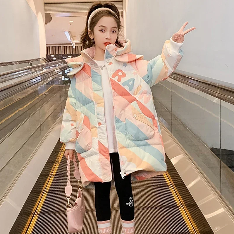 

2023 Winter Teenagers Girls Jacket Mid-length Rainbow Color Printing Thicken Keep Warm Hooded Windbreaker Coat For 4-12Y Kids