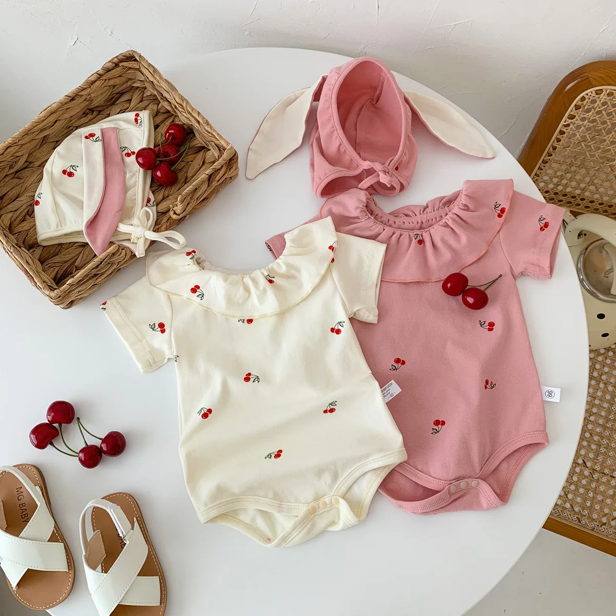 

Summer Baby Clothes Newborn Cherry Romper Boy Girl Cotton Onesie Toddler Cute Clothing With Rabbit Ears Hat Kids Jumpsuit 0-24M
