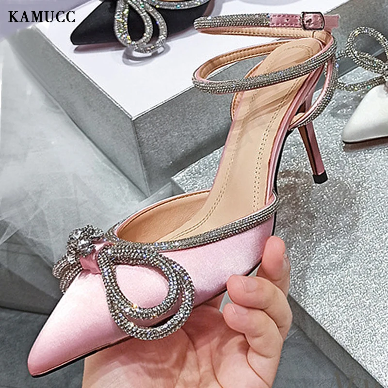 

2022 New Rhinestone Butterfly-knot Sandals Fine Heel Sandals Women Crystal Fairy Wind Pink Bow Tie with Diamond High Heels
