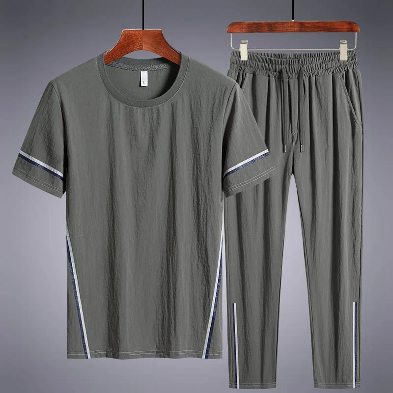 

2023 Summer Men O-Neck T-shirt Trousers Striped Pattern Casual Clothing Loose Breathe High Quality Male Short Sleeve Bottoms 8XL