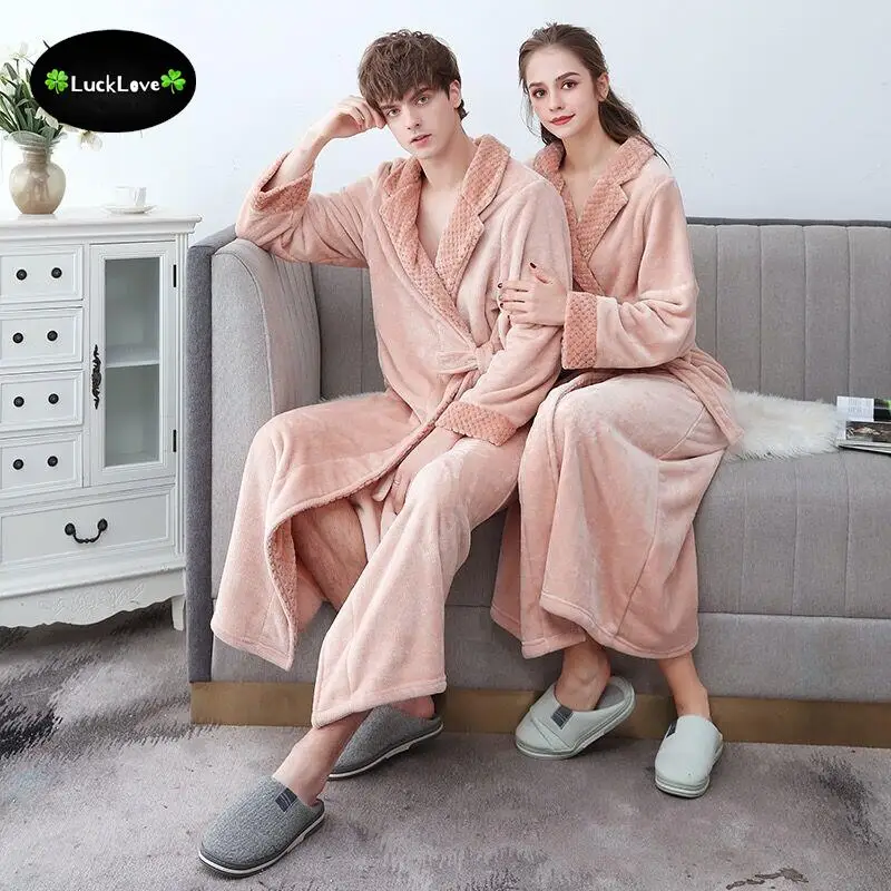 Unisex Winter Warm Ultral Long Flannel Men Robe Gown Casual LooseSleepwear For 100KG Bathrobe Couple Thick Large Home Clothes
