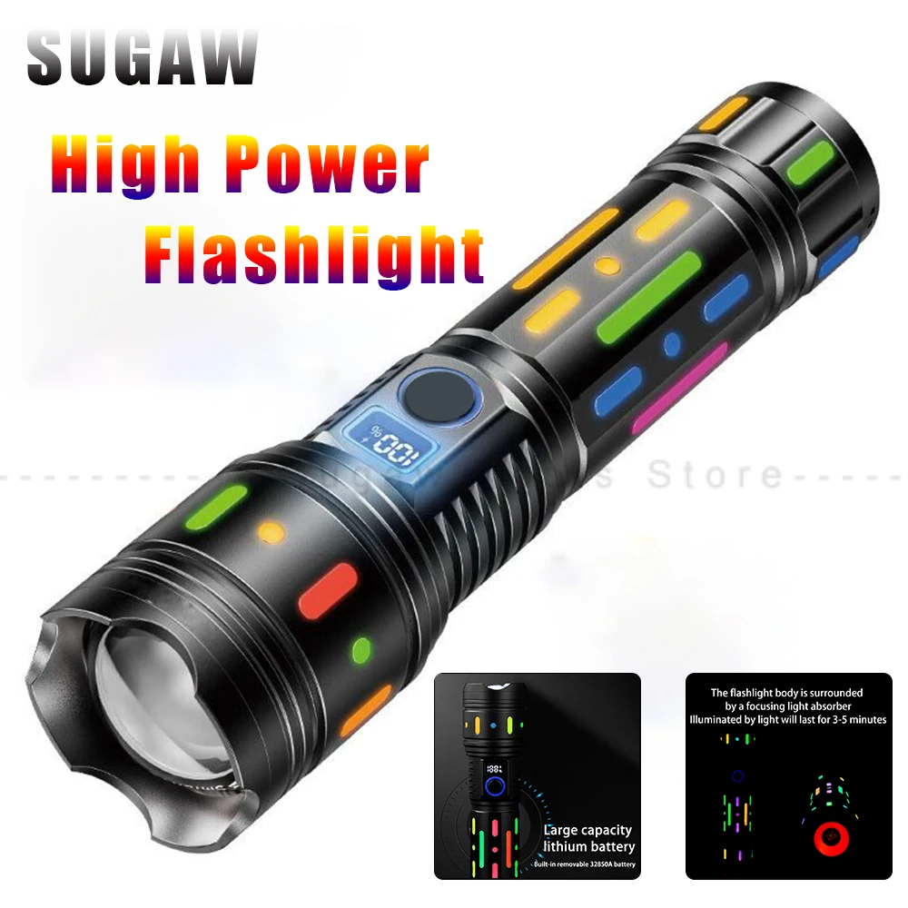 High Power Led flashlight Bright Luminous Colorful Tactical Torch Power Display Type-C Rechargeable lampe torche