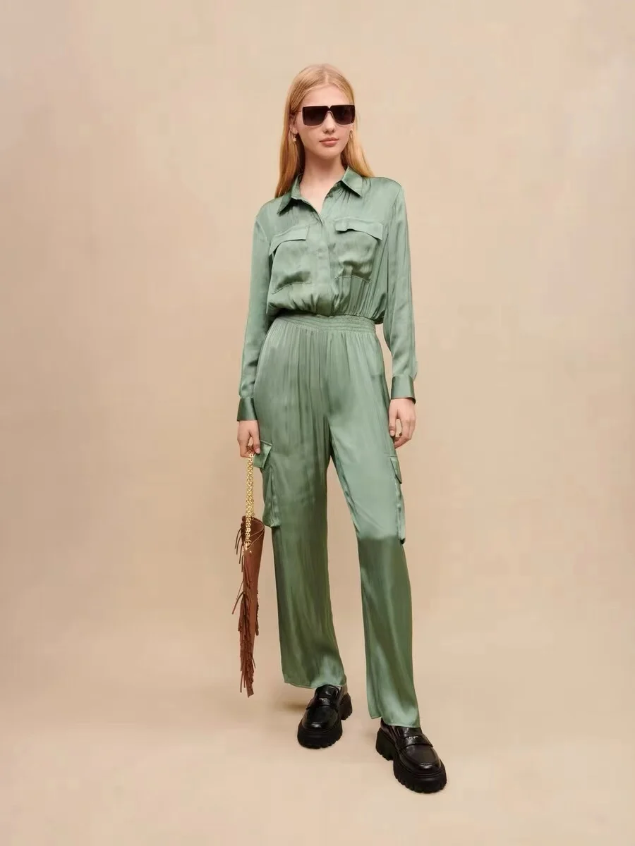 

Green 2023 Spring Summer Solid Comfortable Casual High Quality Long Sleeve Commuter Jumpsuit for Woman