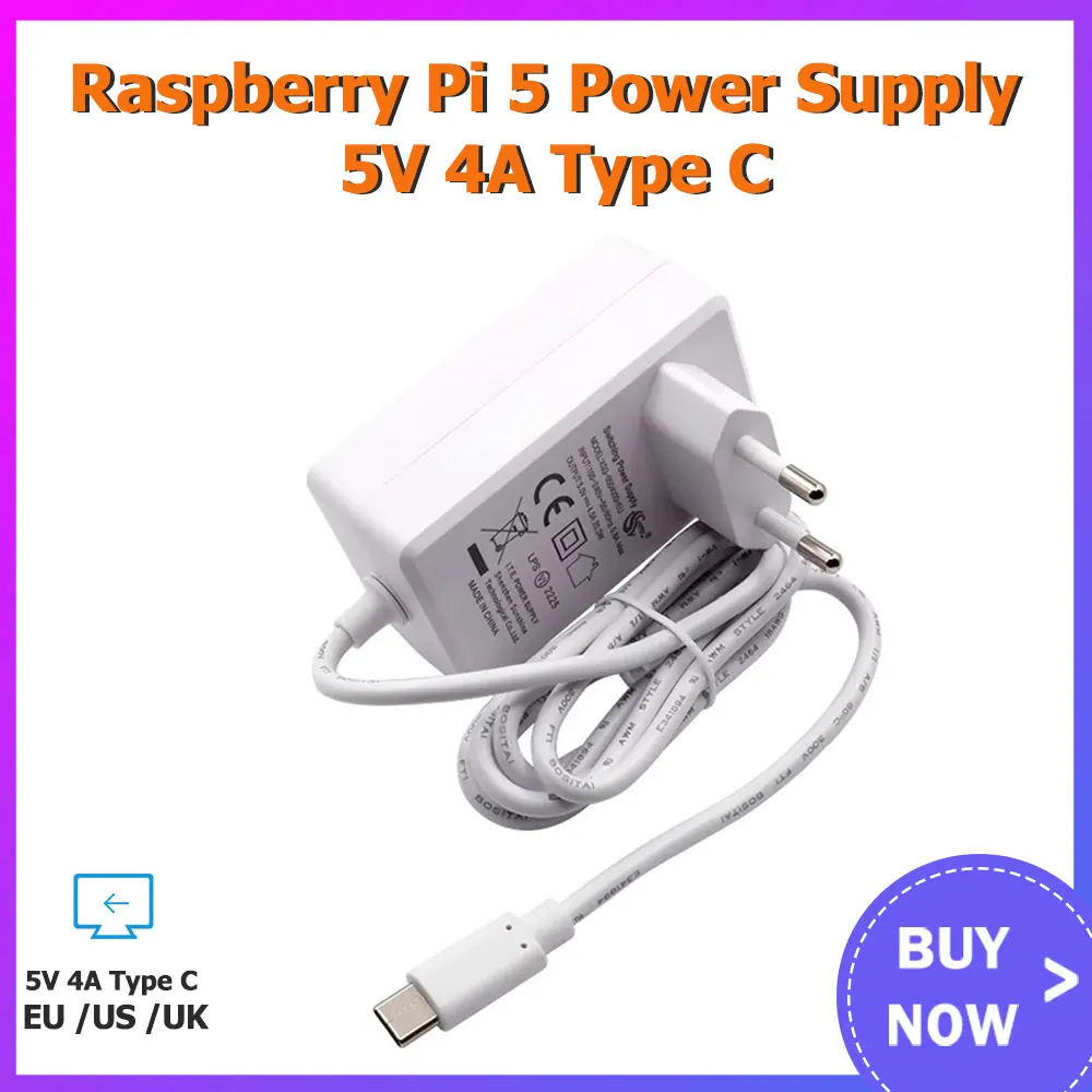 

Блок питания Raspberry Pi 5, 5 В, 4 а, Тип C, адаптер питания, вилка для ЕС, США, Великобритании, зарядное устройство с несколькими замыканиями для Pi 5, 4B