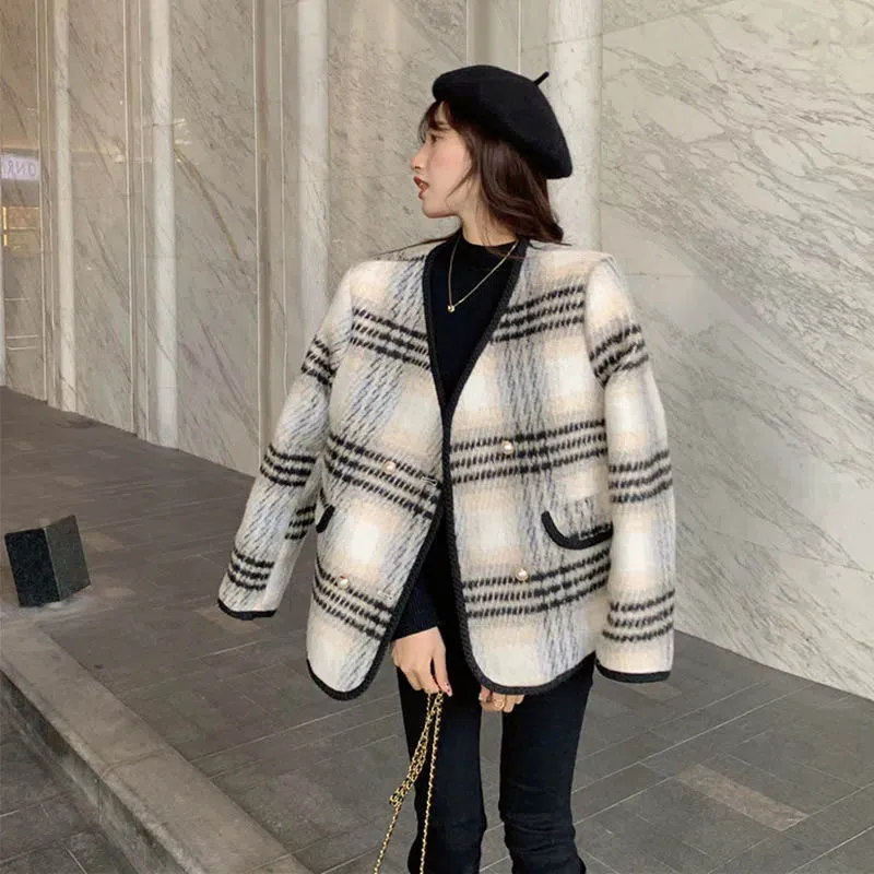 Autumn And Winter Cashmere Women's Small Fragrance Jacket V-Neck Plaid Casual Single Long Sleeve Jacket Korean Fashion Elegant S