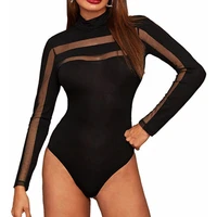 40hotlady bodysuit see through mesh stitching o neck bodycon black women bodysuit for parties