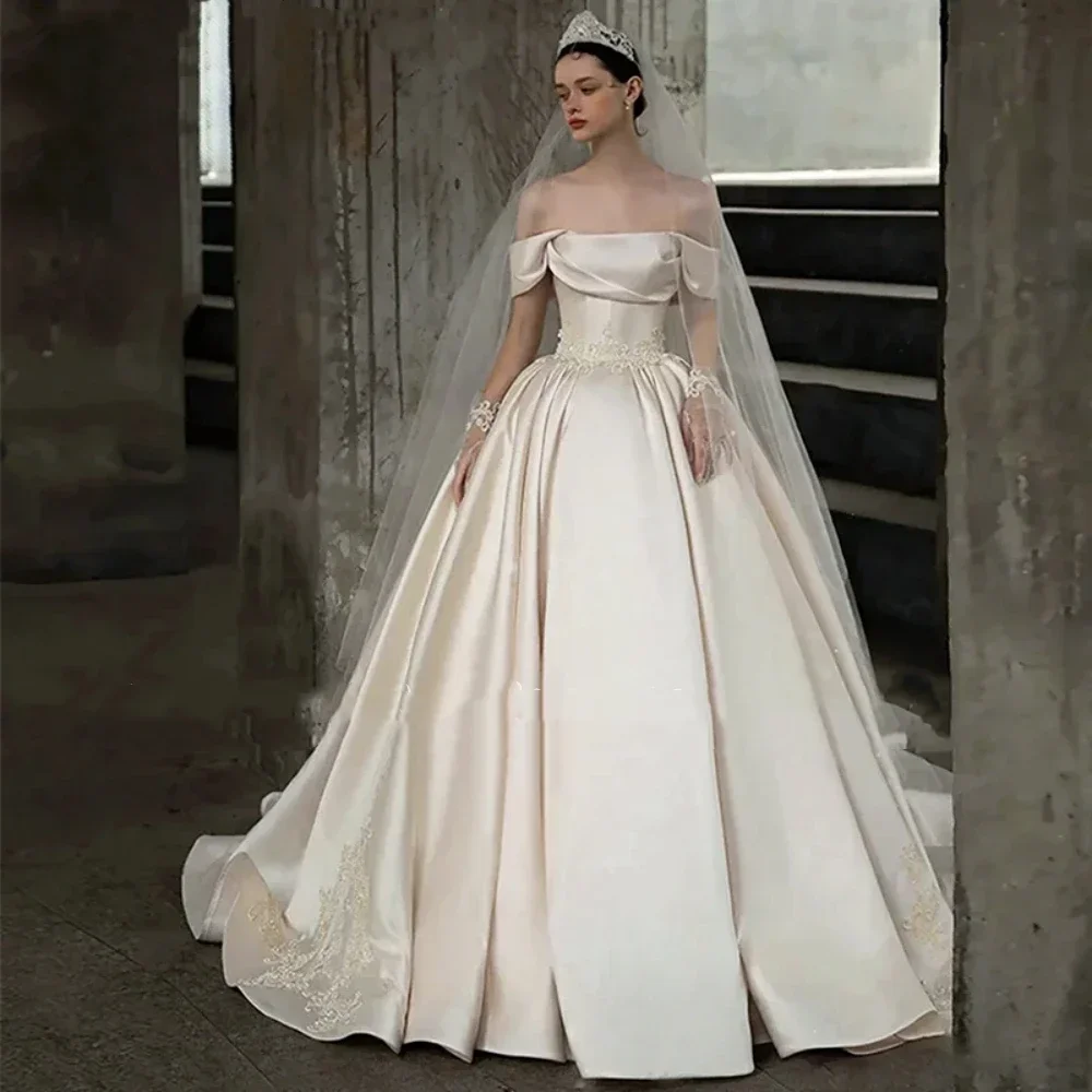 

Vestidos De Novia Elegant 2024 Princess Wedding Dresses Corset Sexy Boat Neck Simple Satin Off The Shoulder Bride Dress No glove