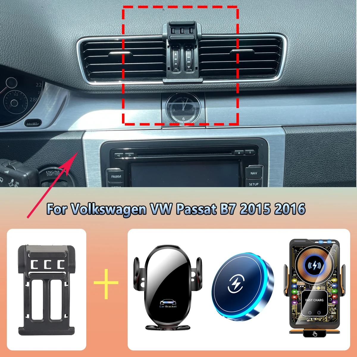 Фото Автомобильный держатель телефона для Volkswagen VW Passat B7 2015 2016, автомобильное зарядное устройство с беспроводной зарядкой, подставка для Magsafe, аксессуары №1
