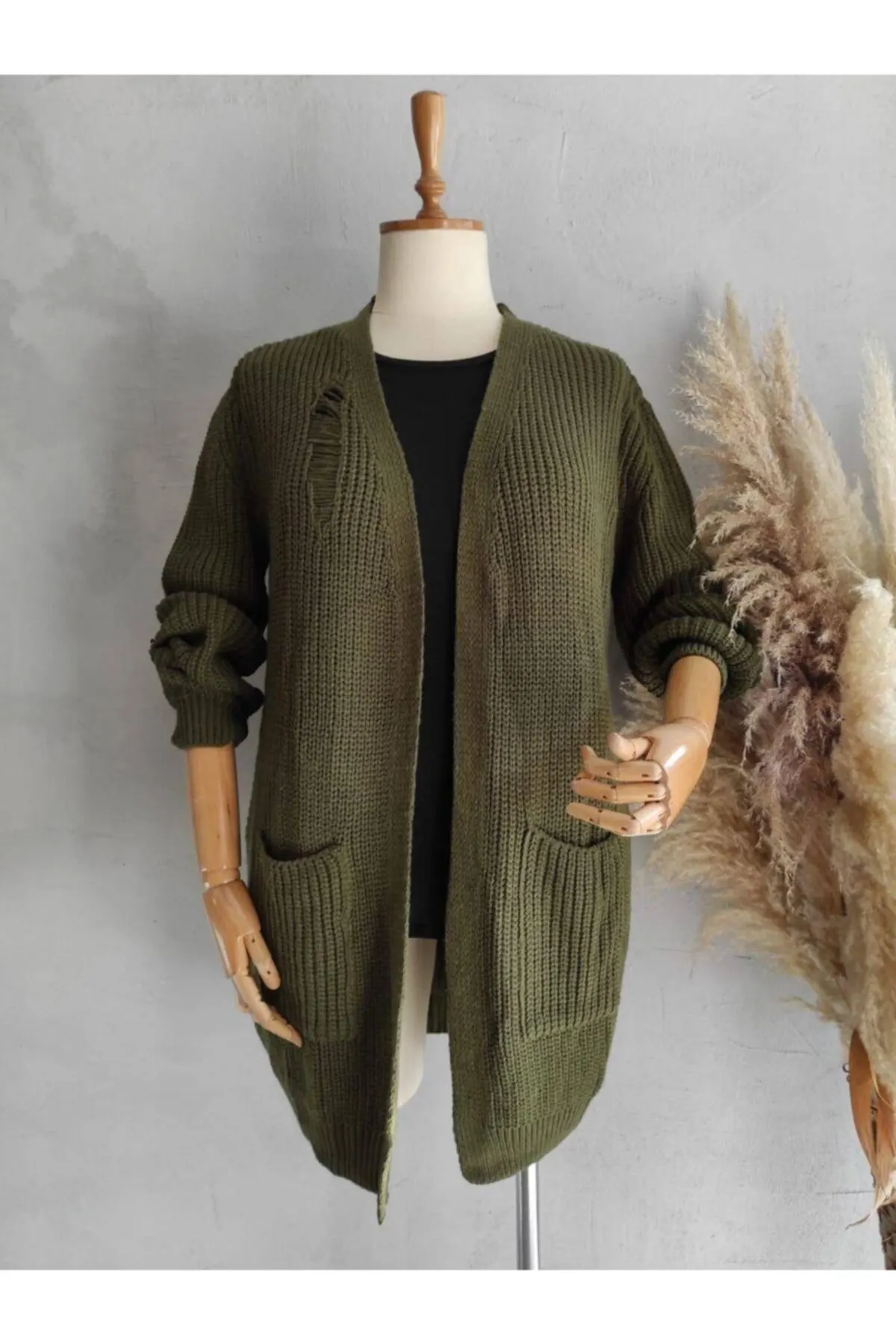 

Женский вязаный кардиган цвета хаки, вязаный качественный модный Свободный джемпер с разрезами