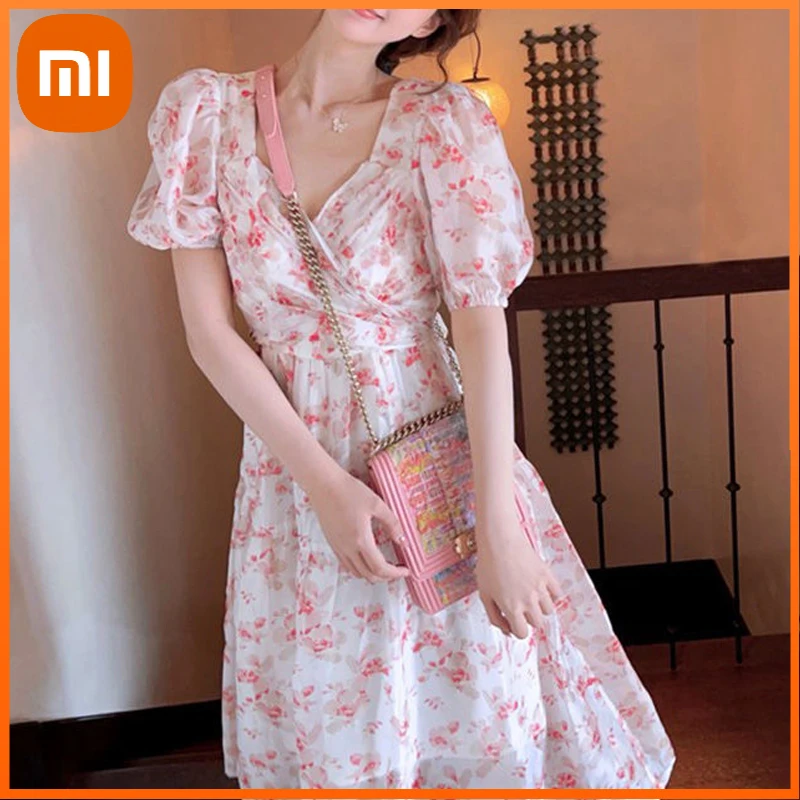 

Xiaomi Summer Short Sleeve Elegant Dress Women Floral Dresign Vintage Midi Dress Party Evening Females One Piece Dress Korean