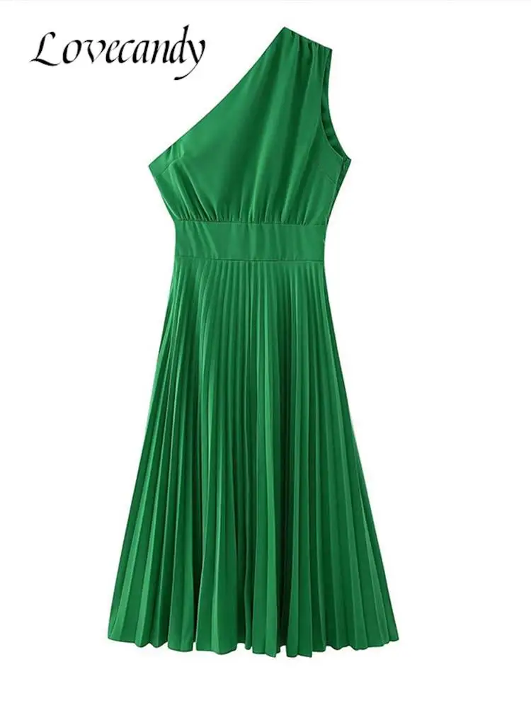 

Women's Elegant Pleated One Shouder Midi Dresses Summer Sexy Asymmetry Green Dress 2023 New Boho Ladies Dress