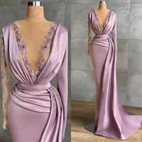 elegant satin mermaid evening dresses with long sleeves deep v neck lace appliqued prom party gowns arabic aso ebi ruched sweep