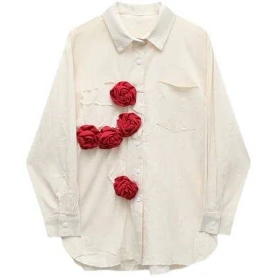 

SuperAen 2022 Turn Down Collar Cotton Loose Flower Patchwork Long Sleeve Casual Beige Shirts Women's Blouse