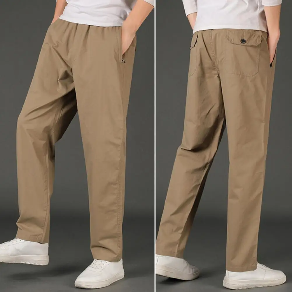 

Men Pants Solid Color Sweat-absorbing Plus Size Elastic Waist Drawstring Pants Trousers Streetwear