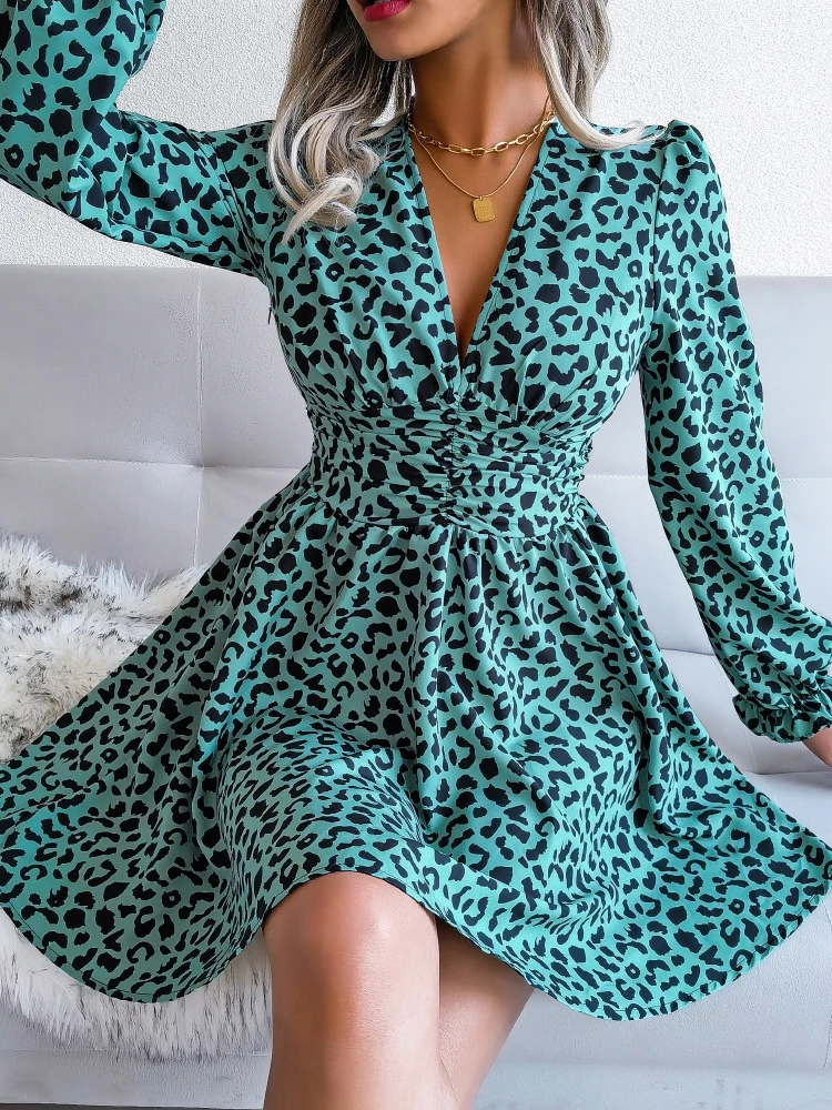 

Sexy Leopard Print Mini Dress Elegant V-neck Long Sleeve High Waist Pleated A-Line Dress Night Clubwear Vestidos Women Clothes