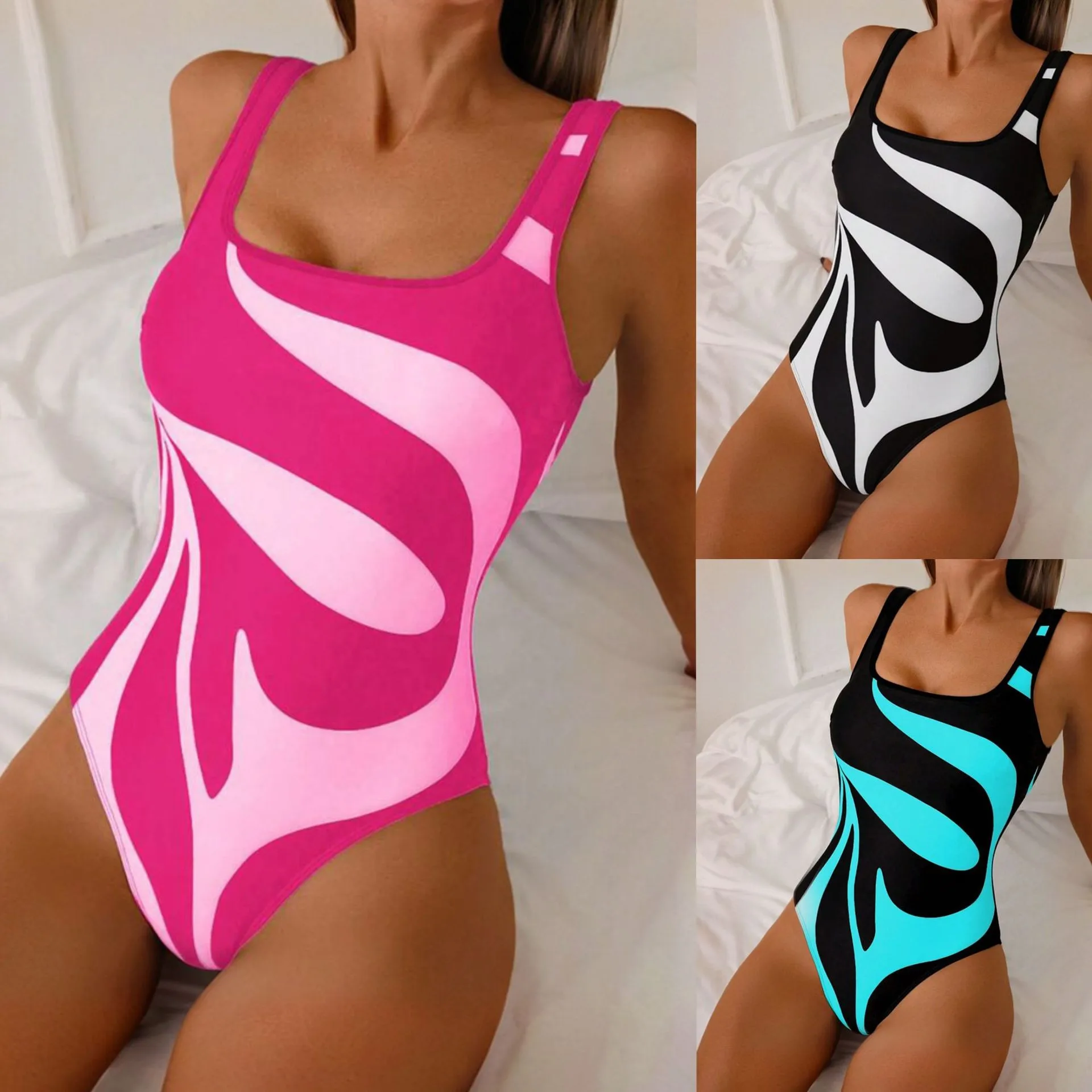 Фото Женский сексуальный купальник с абстрактным принтом, высоким вырезом на бедрах, без рукавов, с вырезом-лодочкой, на бретельках, розовый №1