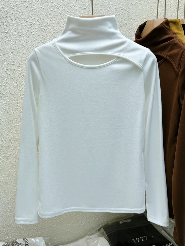 

Осенне-зимние Бархатные однотонные футболки с длинным рукавом и отверстиями, повседневная облегающая толстая футболка в стиле Харадзюку с ...