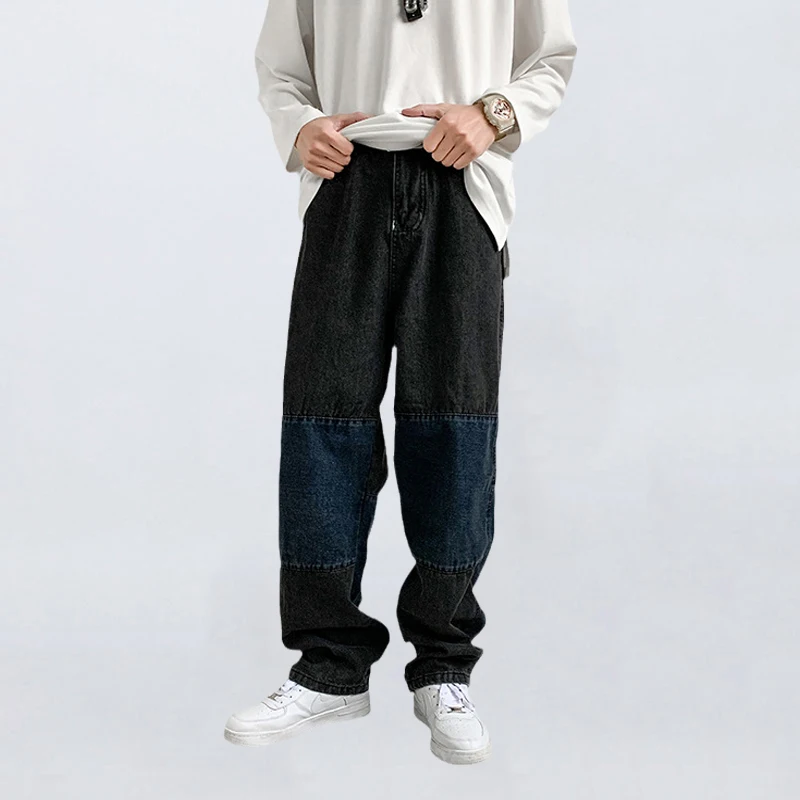 

Four Seasons Men's Jeans Harajuku Couple Straight Pants Retro Patchwork Wide Leg Pants Loose Punk Style Street Men Ins Hot Sale