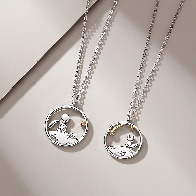 

2Pcs Stainless Steel Couple Pendant Little Prince and Fox Necklace for Women Men Chic Chain Valentine Gift Jewelry Gulf Collier