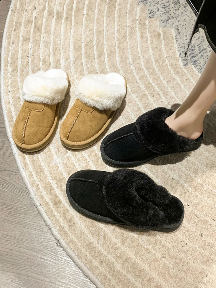 

Female Shoes Plush Slippers For Adults Slides Platform Low Flock Winter Footwear 2023 Fur Flat Shearling Rome Basic PU Rubber