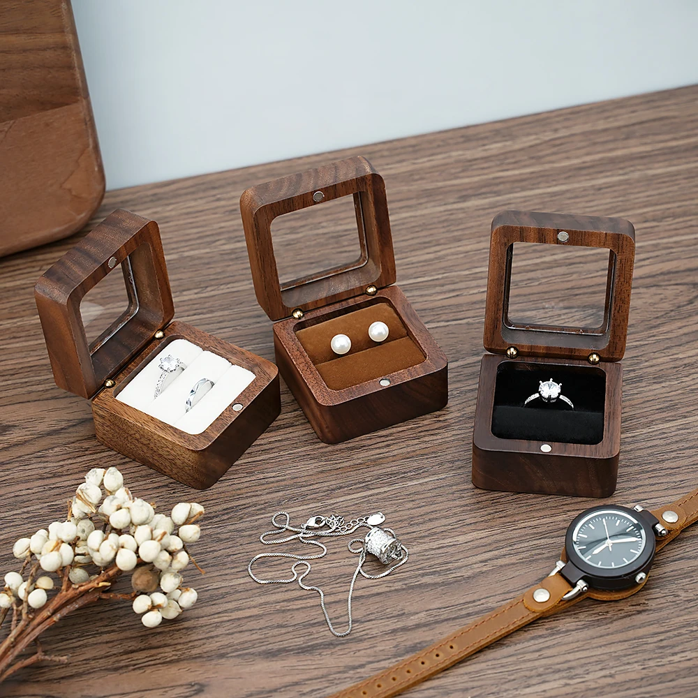 

Retro Wooden Ring Box For Wedding Proposal Ceremony Portable Travel Studs Earrings Pendant Jewelry Storage Case Mini Display Box