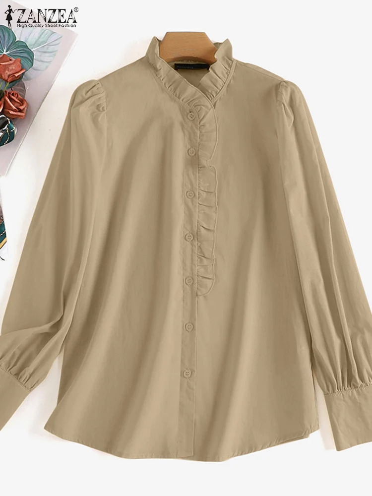 

ZANZEA Fashion Long Sleeve Shirts Women Elegant Long Sleeve Tops Tees Autumn Pleated Solid Ruffles Collar Blusas Femme Oversized