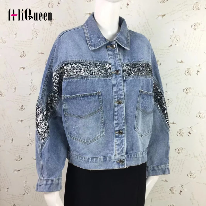 

Джинсовая куртка с блестками черного и синего цвета, Повседневная модная куртка, джинсовая куртка оверсайз, женские джинсовые куртки с блестками и карманами для женщин