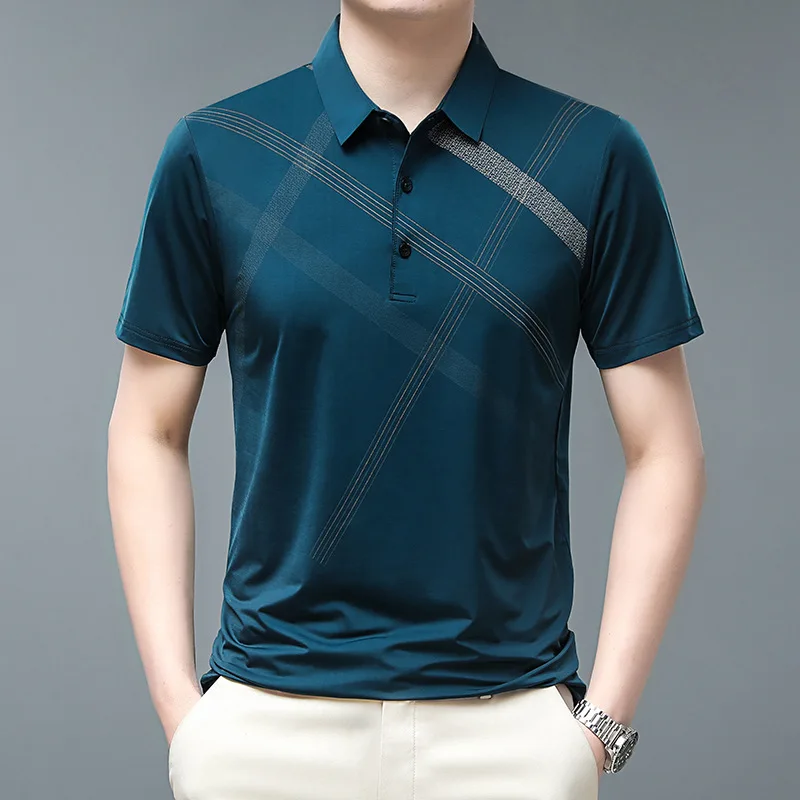 New Summer Short Sleeve Polo Shirt Men's Striped Business Polo Neck T-shirt Golf Clothing Men's Ice Silk Top