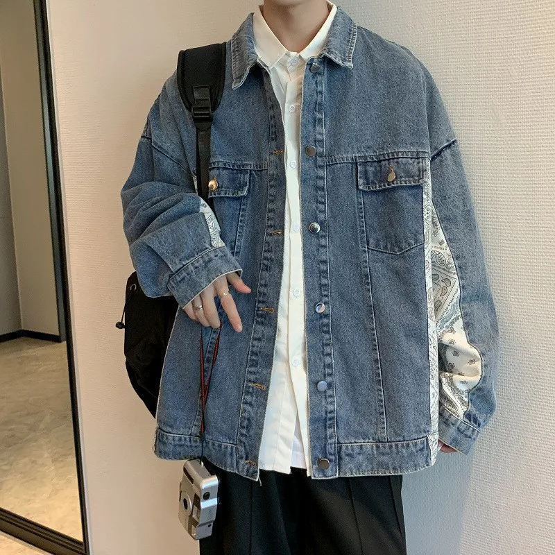 

Denim Jacket Black Man Vintage High Street Ovresized Turn Down Collar Coat Loose Causal Fashion Single Breasted Man Jacket Denim