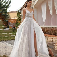 bohemian v neck high split wedding dress lace applique sleeveless tulle beach bridal gowns a line floor length vestidos de novia