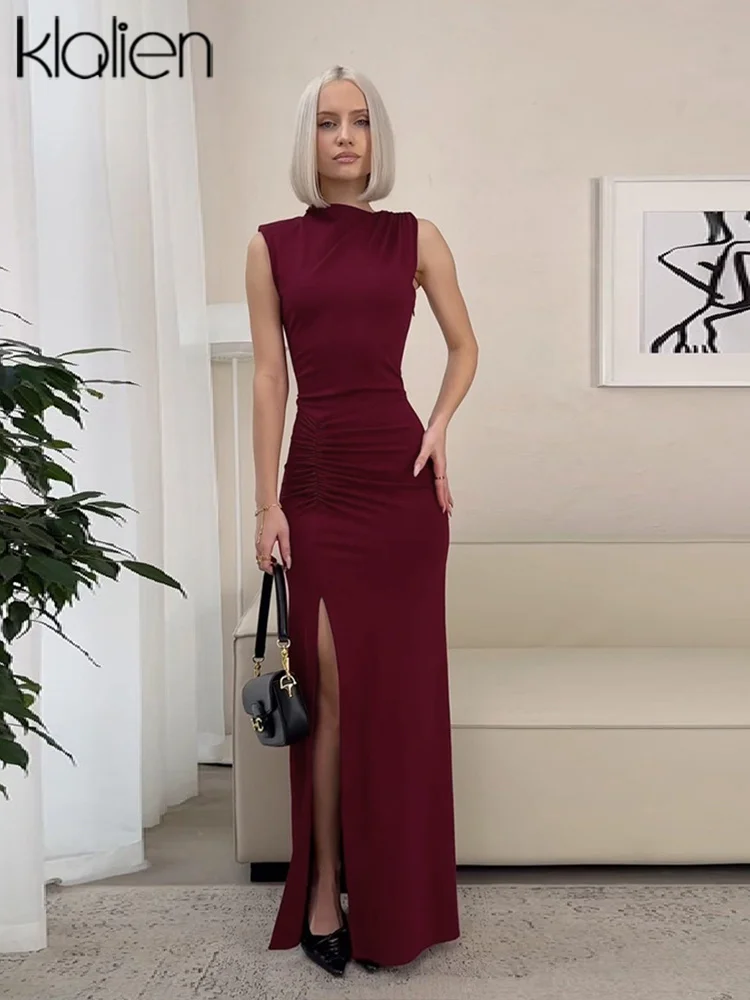 Klalien элегантные длинные платья для женщин Новые однотонные без рукавов с Боковым