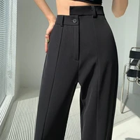 black suit pants womens summer high waist straight wide leg pants for women slit bottom floor length office ladies long trouser